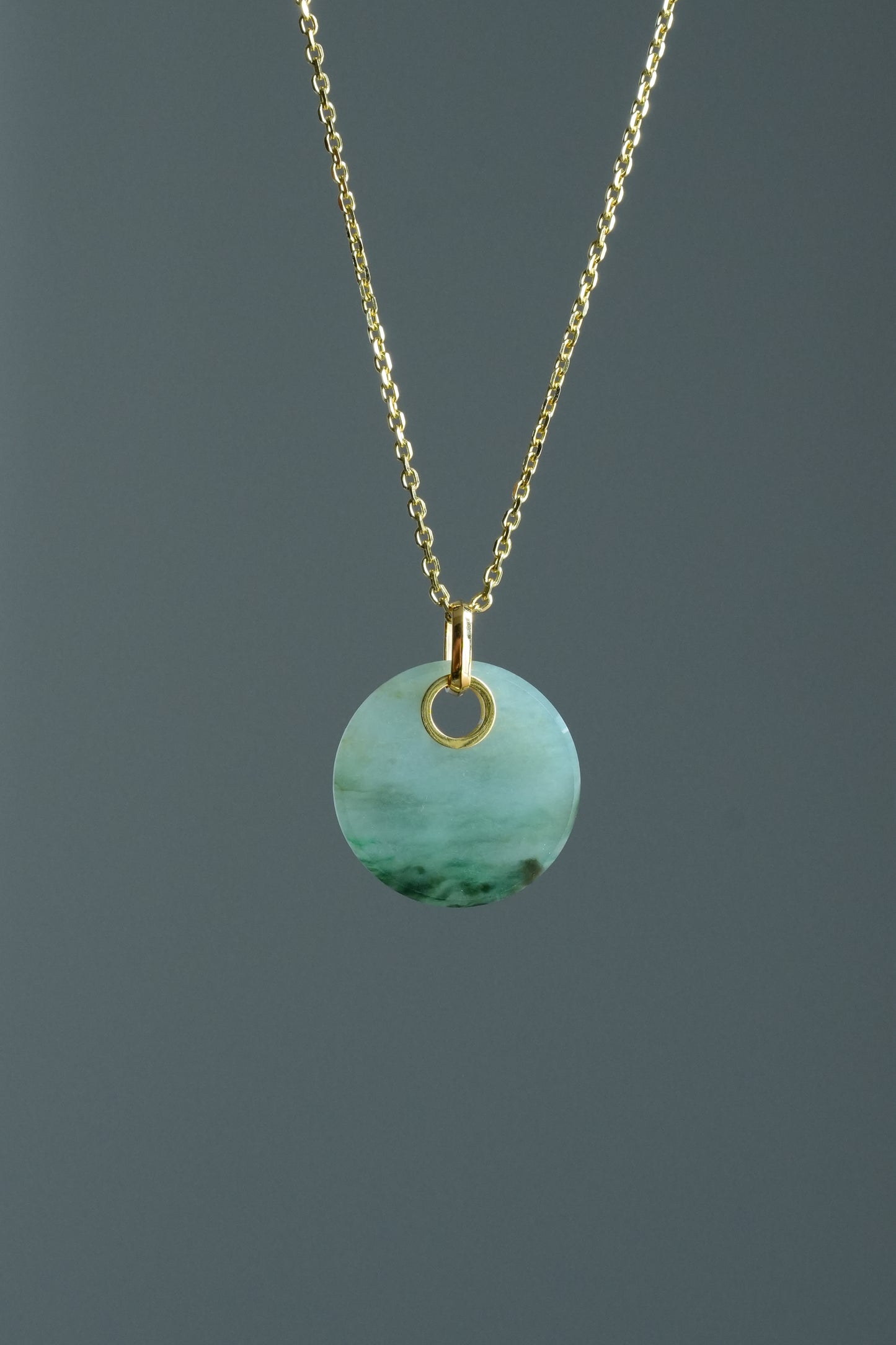 #0457 "Wushi/Peace" Icy Green Jadeite Jade 18K Yellow Gold Pendant