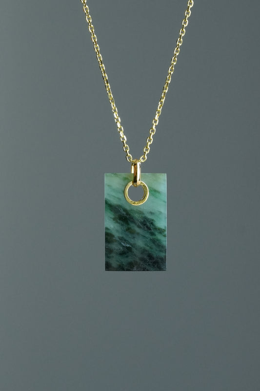 #0456 "Wushi/Peace" Icy Dark Green Jadeite Jade 18K Yellow Gold Pendant