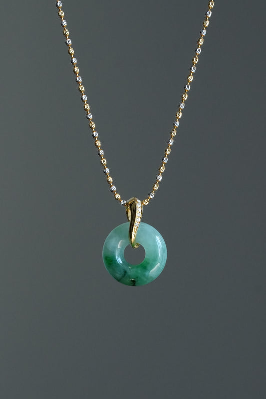 #0454 "Bi" Icy Sun Green Jadeite Jade Donut 18K Yellow Gold Pendant