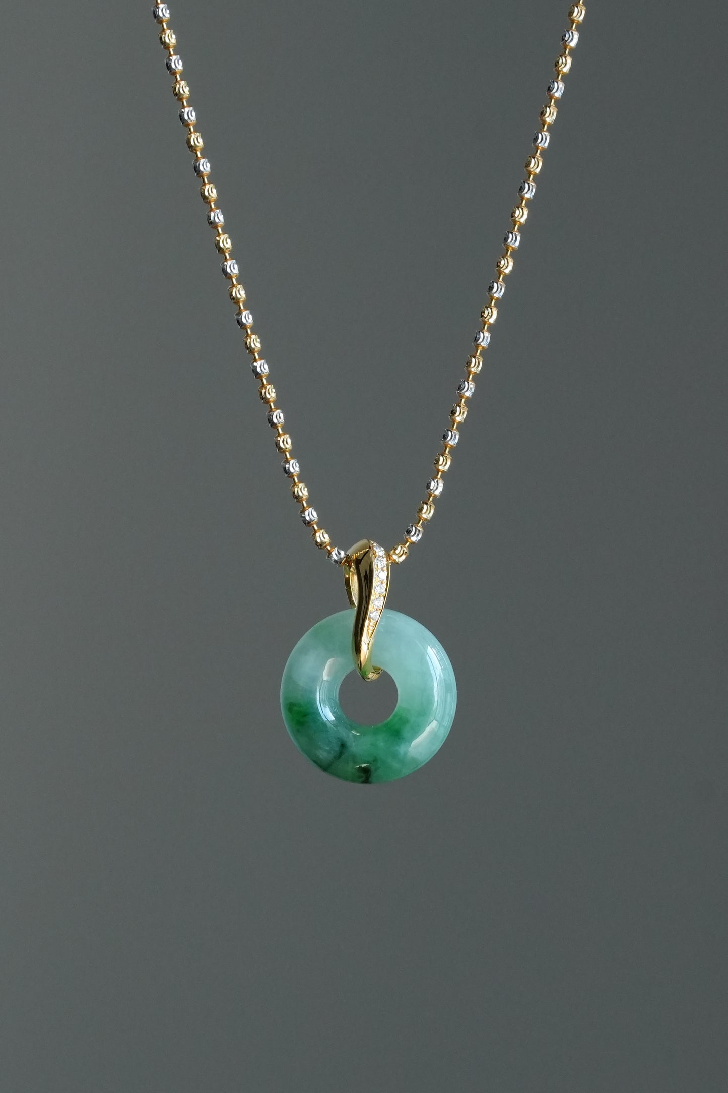 #0454 "Bi" Icy Sun Green Jadeite Jade Donut 18K Yellow Gold Pendant