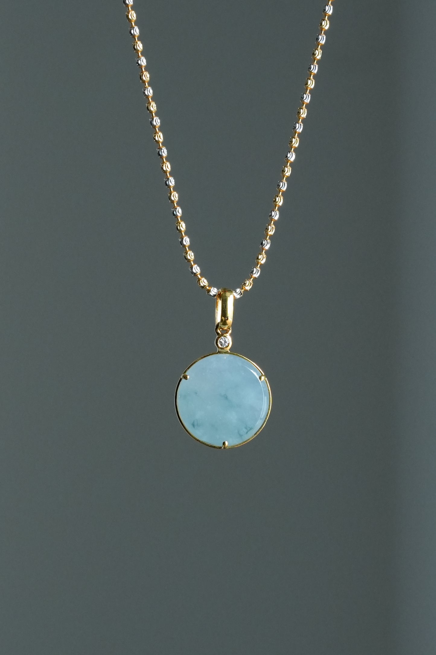 #0463 "Wushi/Peace" Icy Lavender Green Flower Jadeite Jade 18K Yellow Gold Pendant