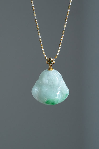 #0462 Icy Sun Green Jadeite Jade Buddha 18K Yellow Gold Pendant