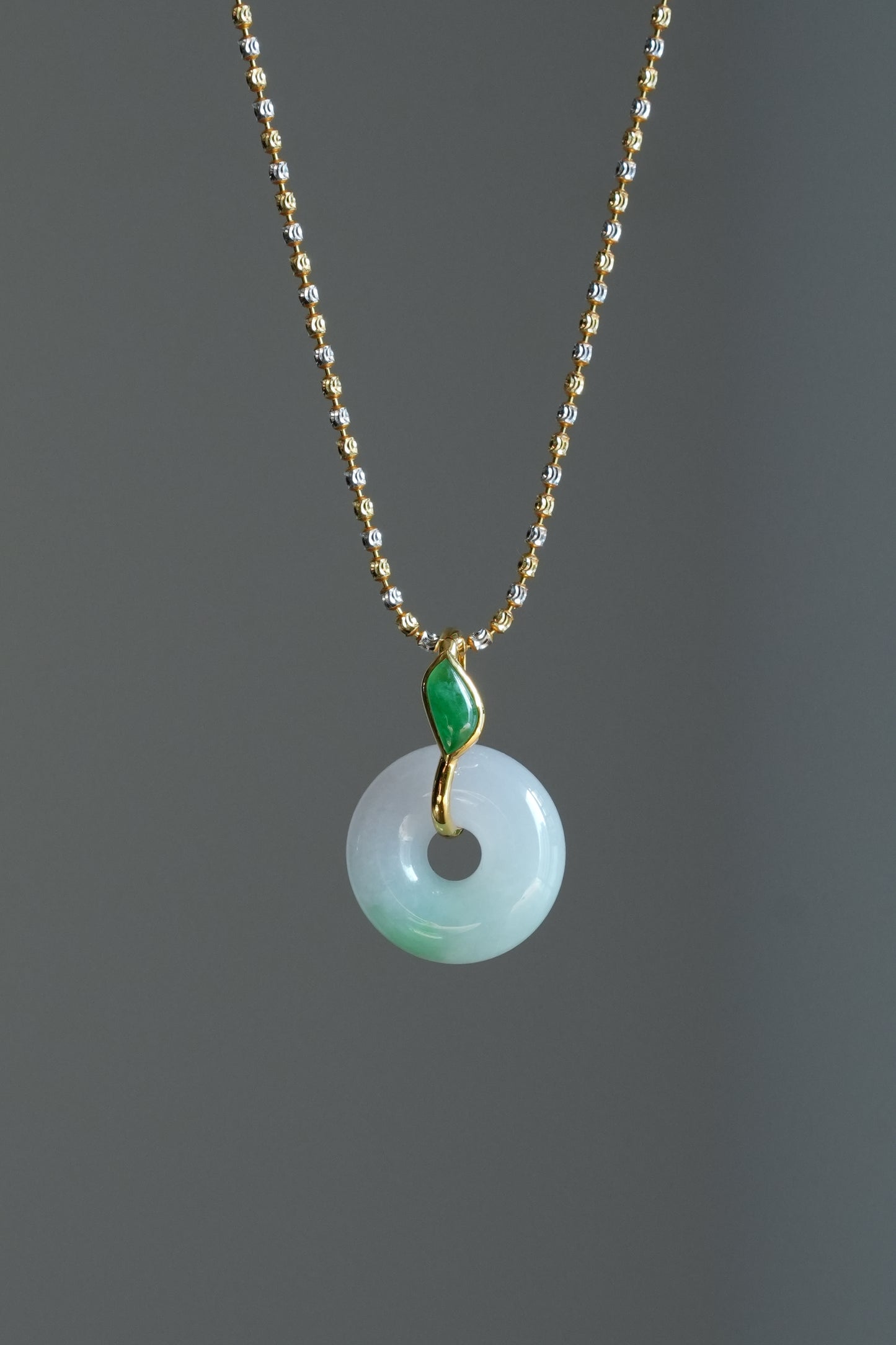#0459 "Bi" Icy Sun Green Light Lavender Jadeite Jade Donut 18K Yellow Gold Pendant
