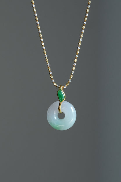 #0459 "Bi" Icy Sun Green Light Lavender Jadeite Jade Donut 18K Yellow Gold Pendant