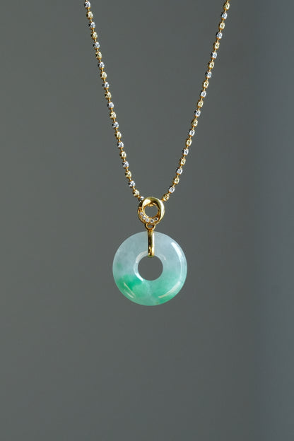 #0464 "Bi" Icy Bright Sun Green Flower Jadeite Jade Donut 18K Yellow Gold Pendant