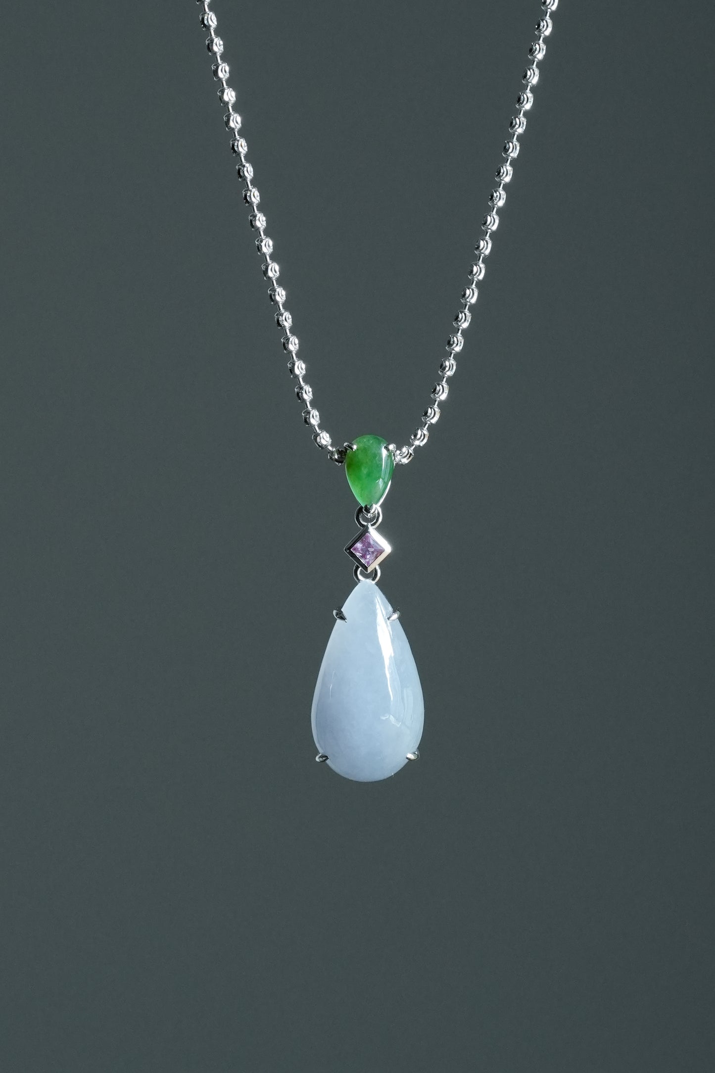 #0461 "Water Drop" Icy Lavender & Sun Green Jadeite Jade Pink Sapphire 18K White Gold Pendant