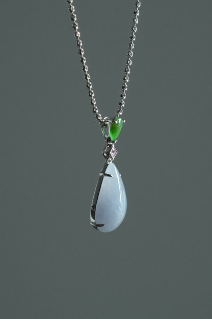 #0461 "Water Drop" Icy Lavender & Sun Green Jadeite Jade Pink Sapphire 18K White Gold Pendant