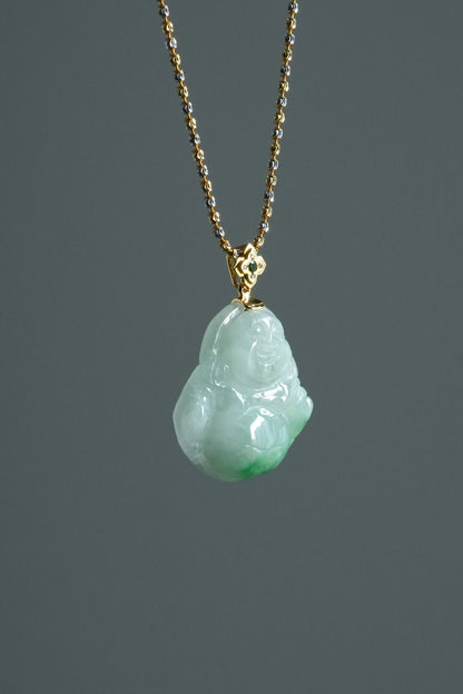 #0462 Icy Sun Green Jadeite Jade Buddha 18K Yellow Gold Pendant