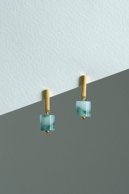 #E0303 Icy Bluish Green Flower Jadeite Jade Cylinder 18K Yellow Gold Earrings