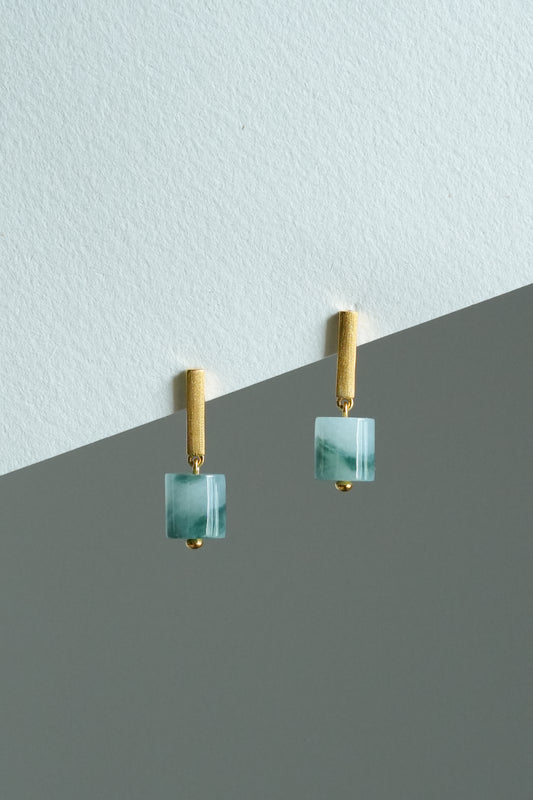 #E0303 Icy Bluish Green Flower Jadeite Jade Cylinder 18K Yellow Gold Earrings