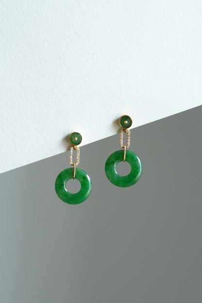#E0302 "Bi" Icy Rich Vivid Green Jadeite Jade 18K Yellow Gold Earrings