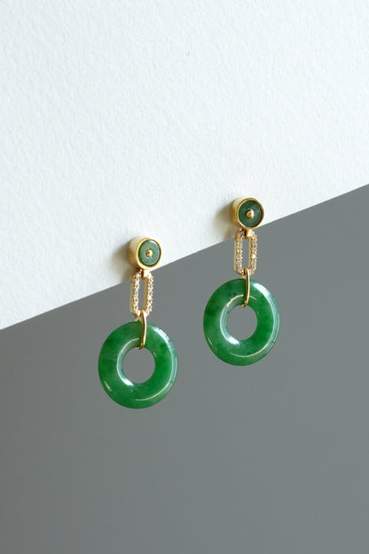#E0302 "Bi" Icy Rich Vivid Green Jadeite Jade 18K Yellow Gold Earrings