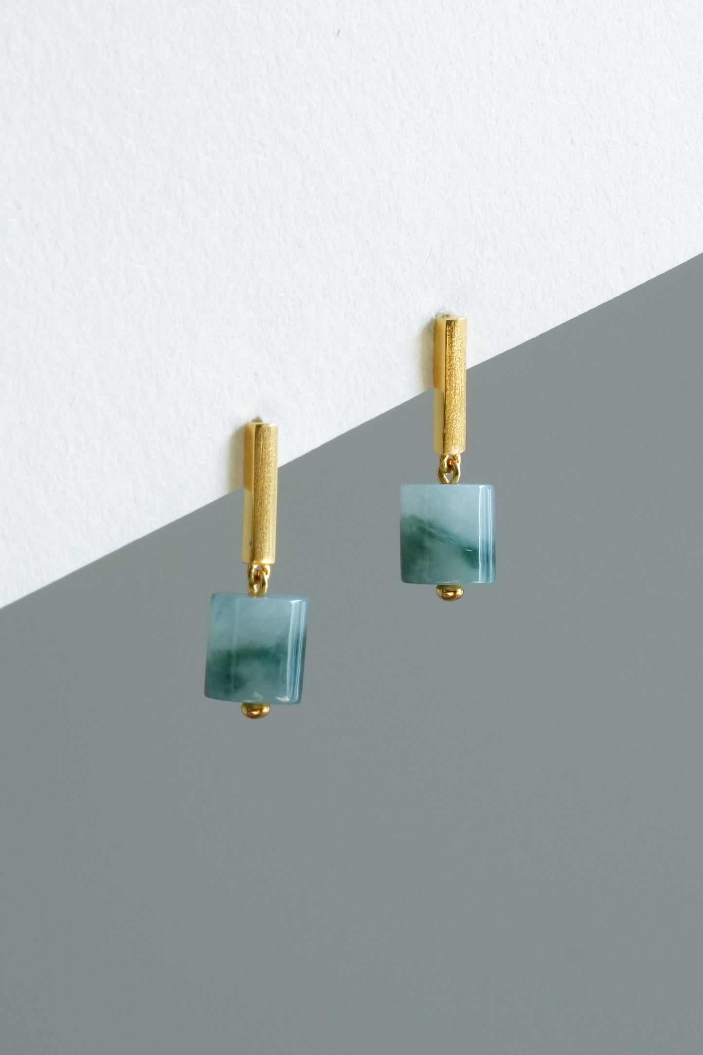 #E0303 Icy Bluish Green Flower Jadeite Jade Cylinder 18K Yellow Gold Earrings