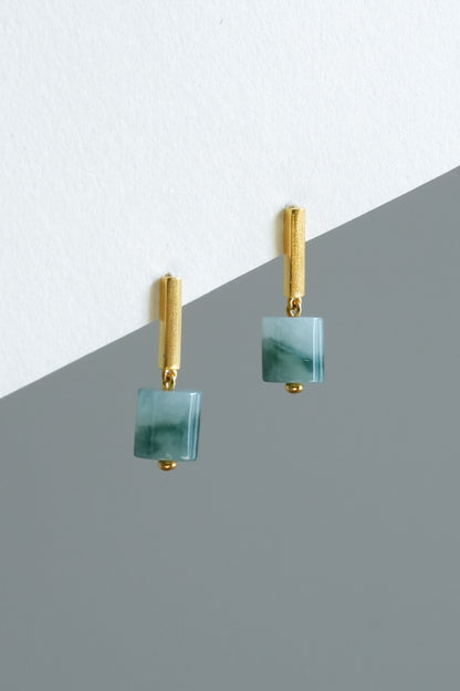 #E0303 Icy Bluish Green Flower Jadeite Jade Cylinder 18K Yellow Gold Earrings