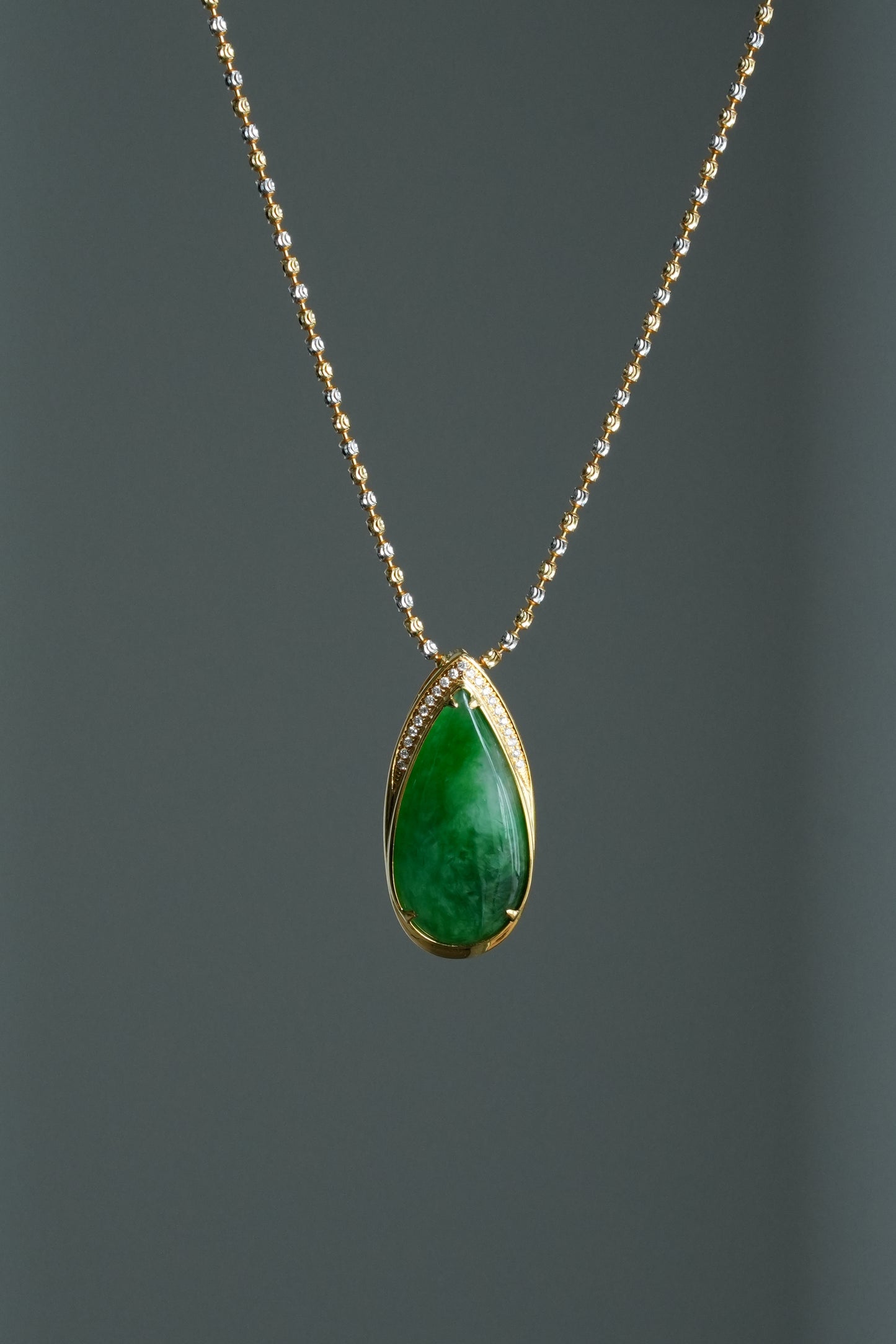 #0469 "Water Drop" Icy Imperial Green Jadeite Jade 18K Yellow Gold Pendant
