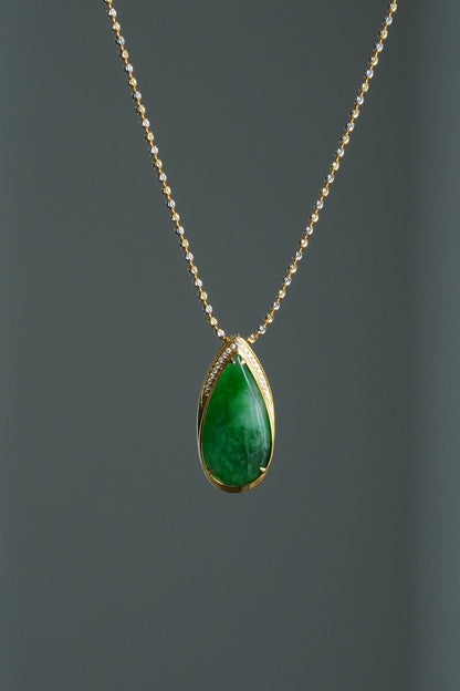 #0469 "Water Drop" Icy Imperial Green Jadeite Jade 18K Yellow Gold Pendant
