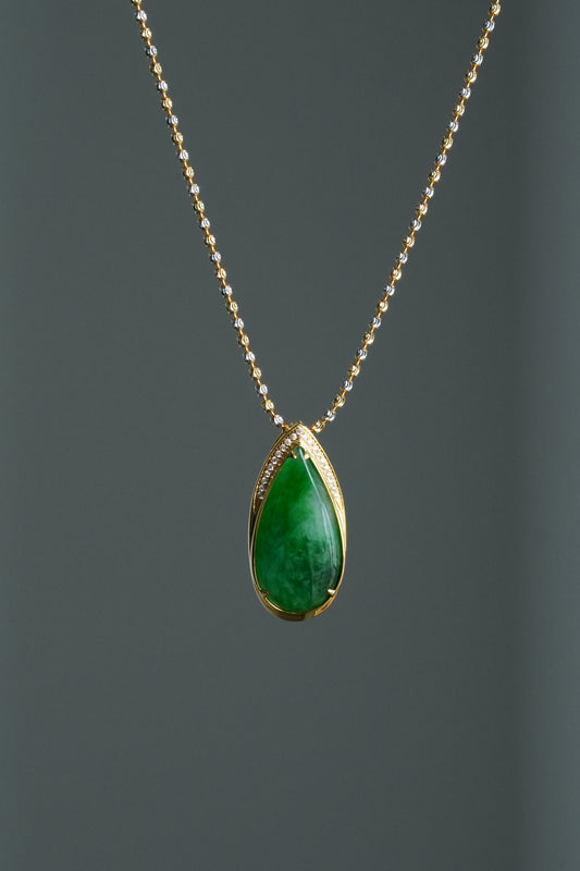 #0469 "Water Drop" Icy Imperial Green Jadeite Jade 18K Yellow Gold Pendant