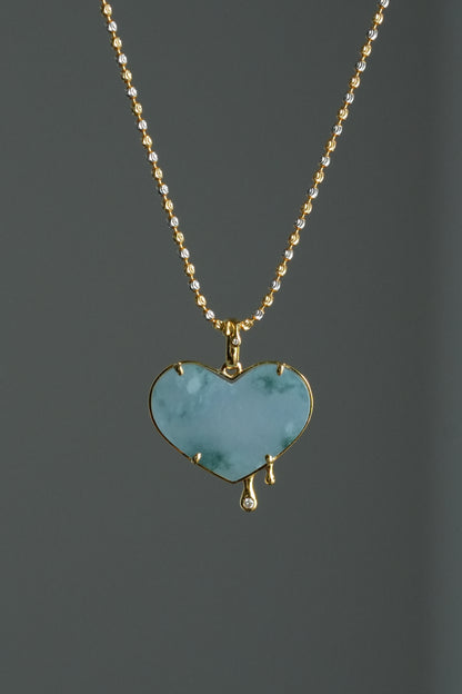 #0470 "Melting Heart" Icy Lavender Green Flower Jadeite Jade 18K Yellow Gold Pendant