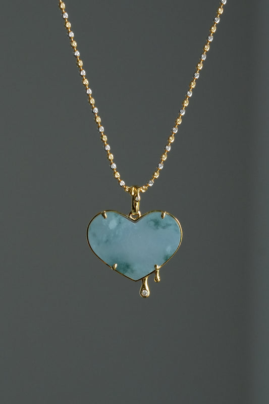 #0470 "Melting Heart" Icy Lavender Green Flower Jadeite Jade 18K Yellow Gold Pendant