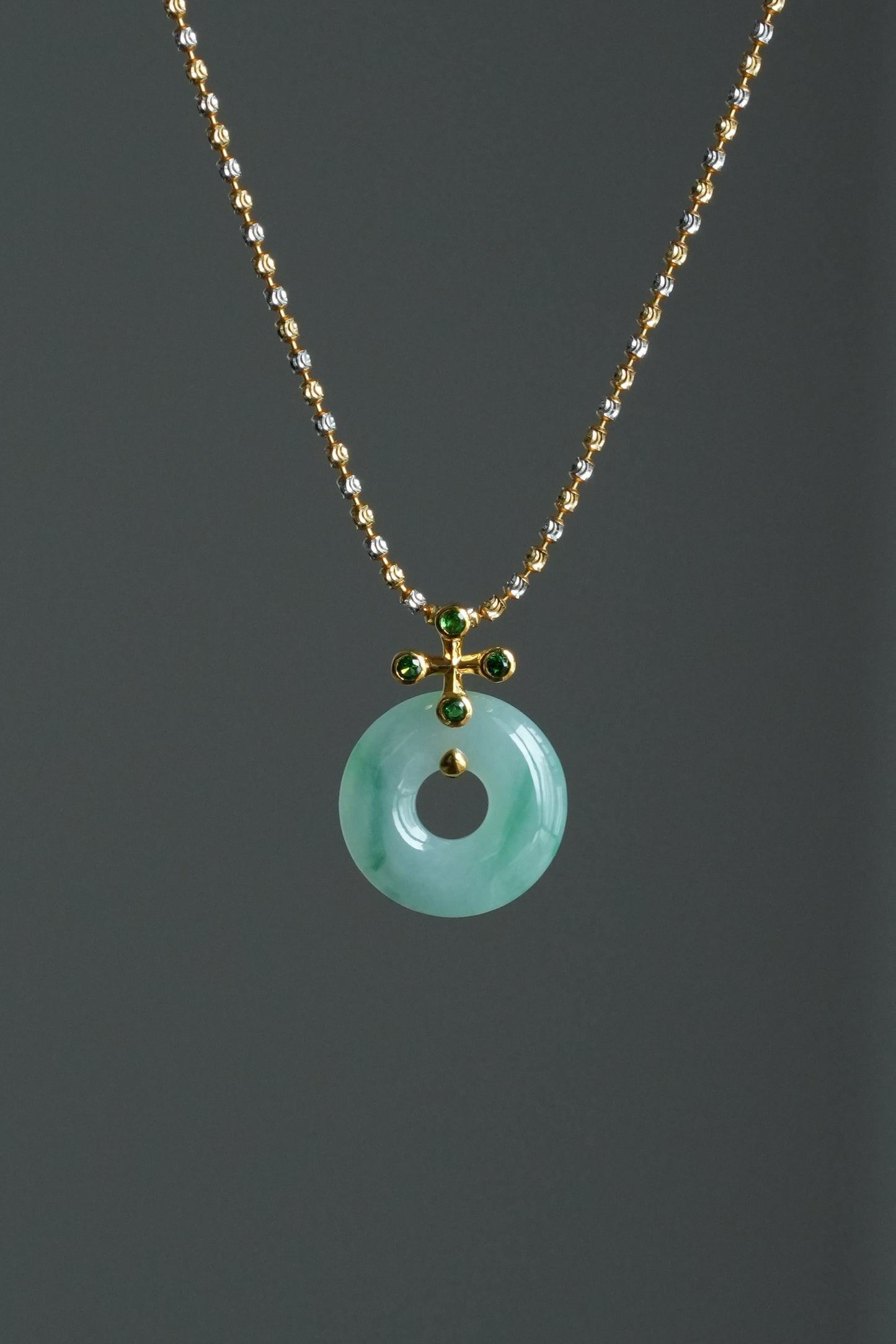 #0467 "Bi" Icy Vivid Green Jadeite Jade 18K Yellow Gold Pendant
