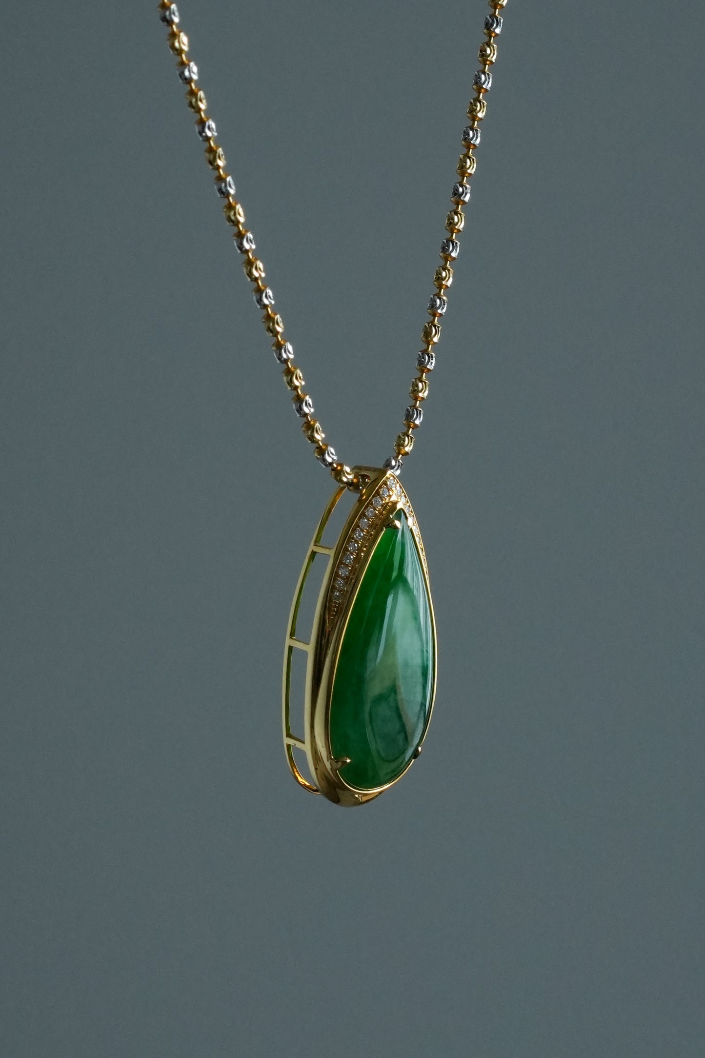 #0469 "Water Drop" Icy Imperial Green Jadeite Jade 18K Yellow Gold Pendant
