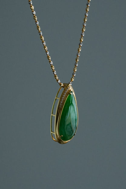 #0469 "Water Drop" Icy Imperial Green Jadeite Jade 18K Yellow Gold Pendant