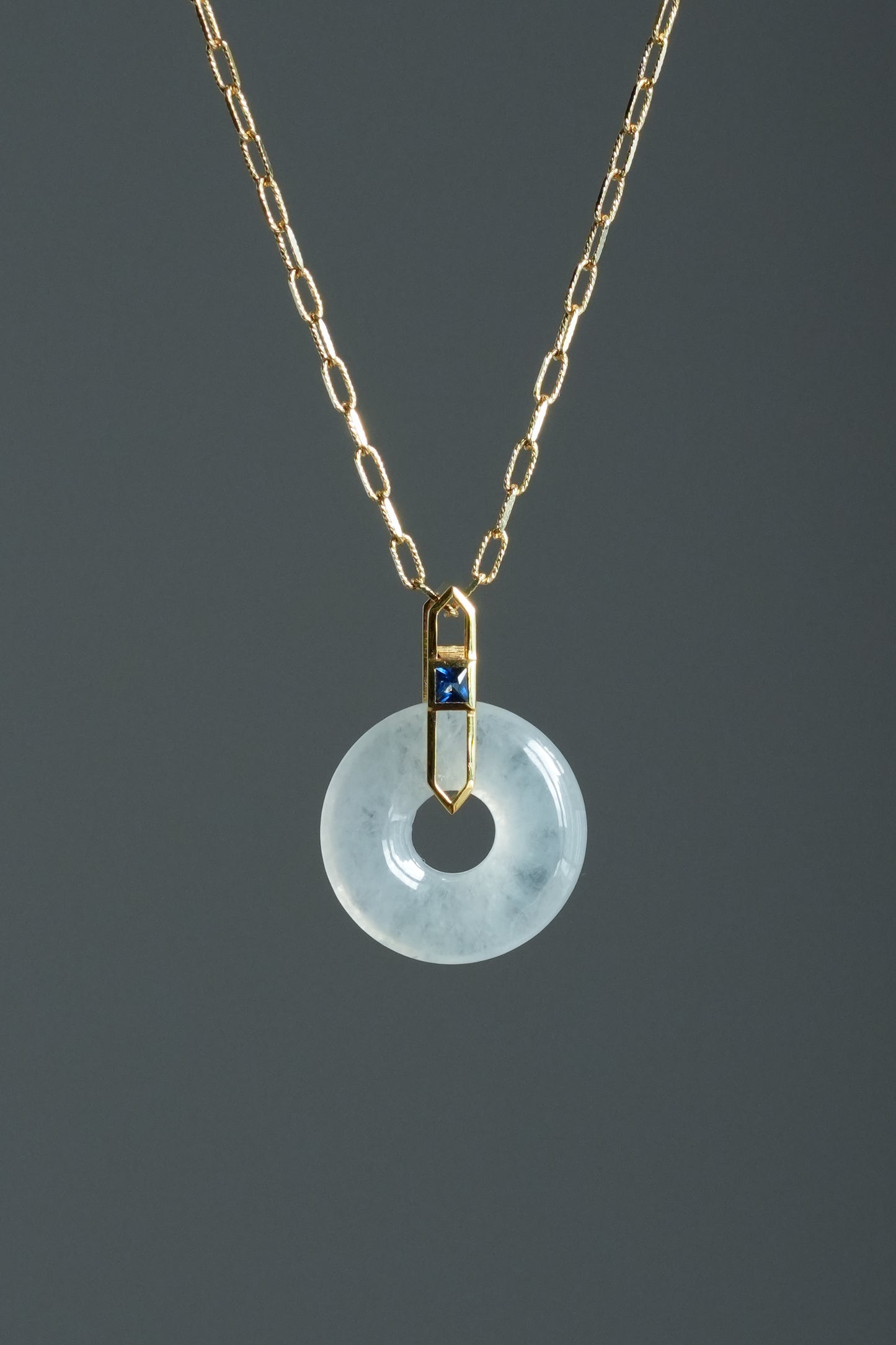 #0473 "Bi" Highly Icy White Jadeite Jade 18K Yellow Gold Pendant