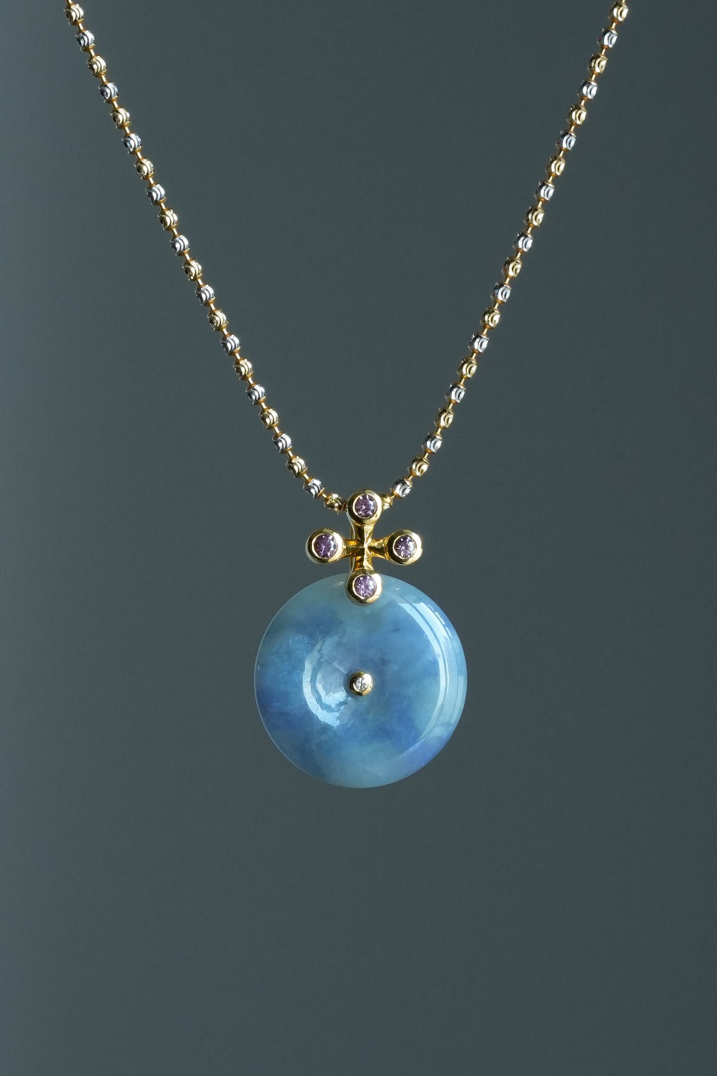 #0475 "Bi" Icy Monet Lavender & Green Jadeite Jade 18K Yellow Gold Pendant