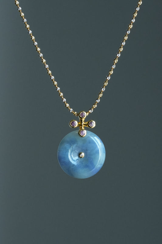 #0475 "Bi" Icy Monet Lavender & Green Jadeite Jade 18K Yellow Gold Pendant