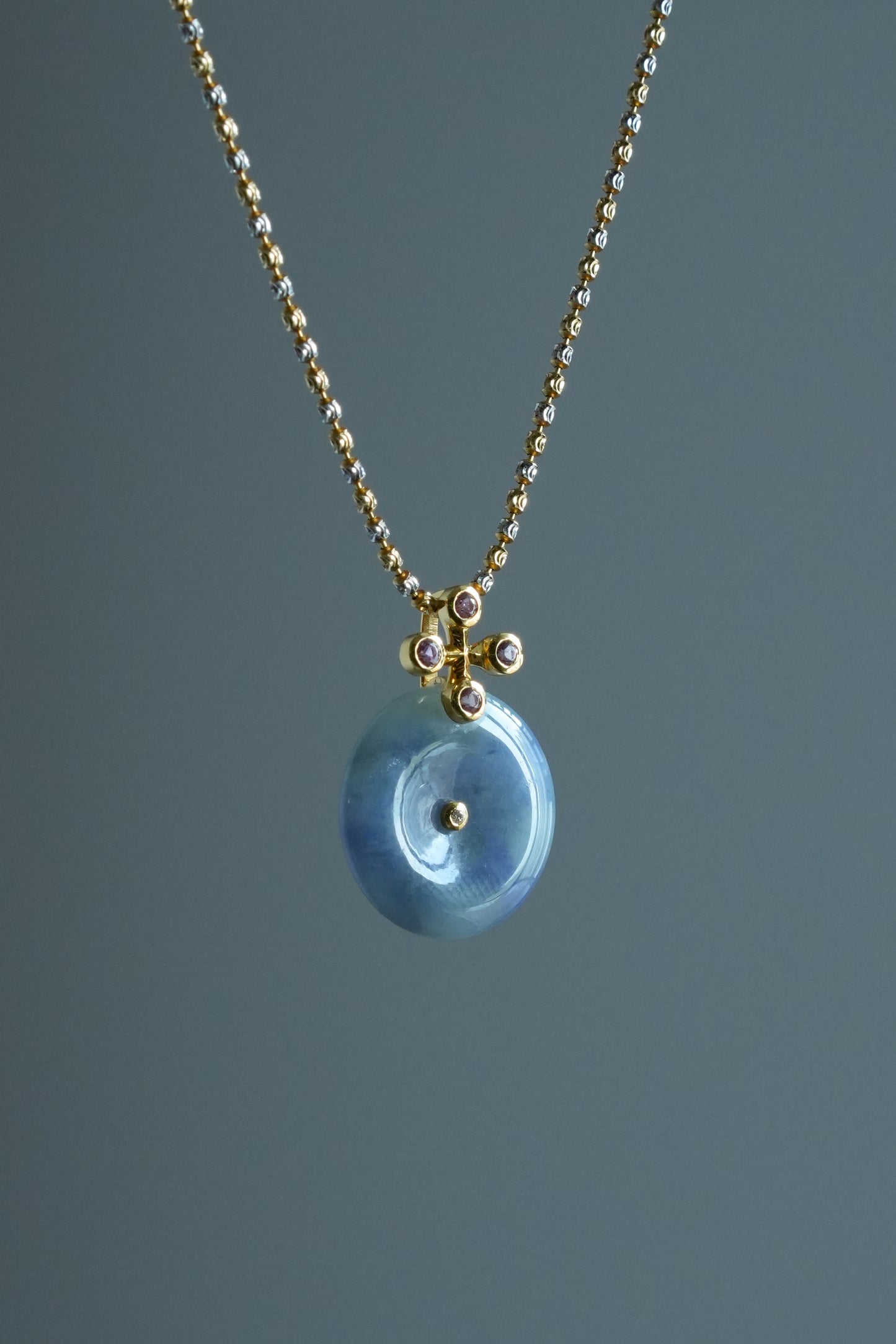 #0475 "Bi" Icy Monet Lavender & Green Jadeite Jade 18K Yellow Gold Pendant