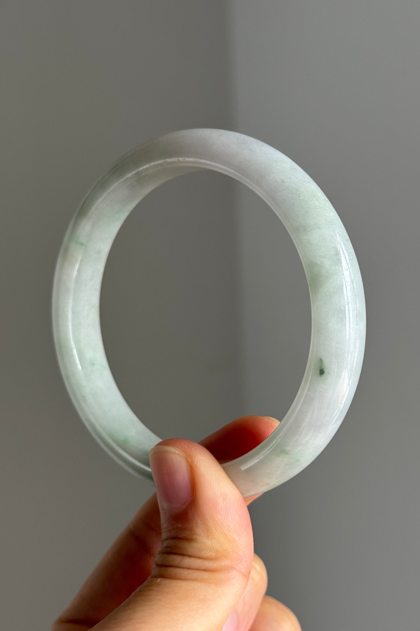 #0366 Light Green Flower White Jade Bangle Size 59.1