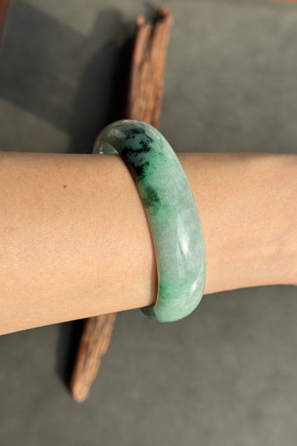 #0377 Sun Green Ink Flower Wide Jade Bangle Size 59.4