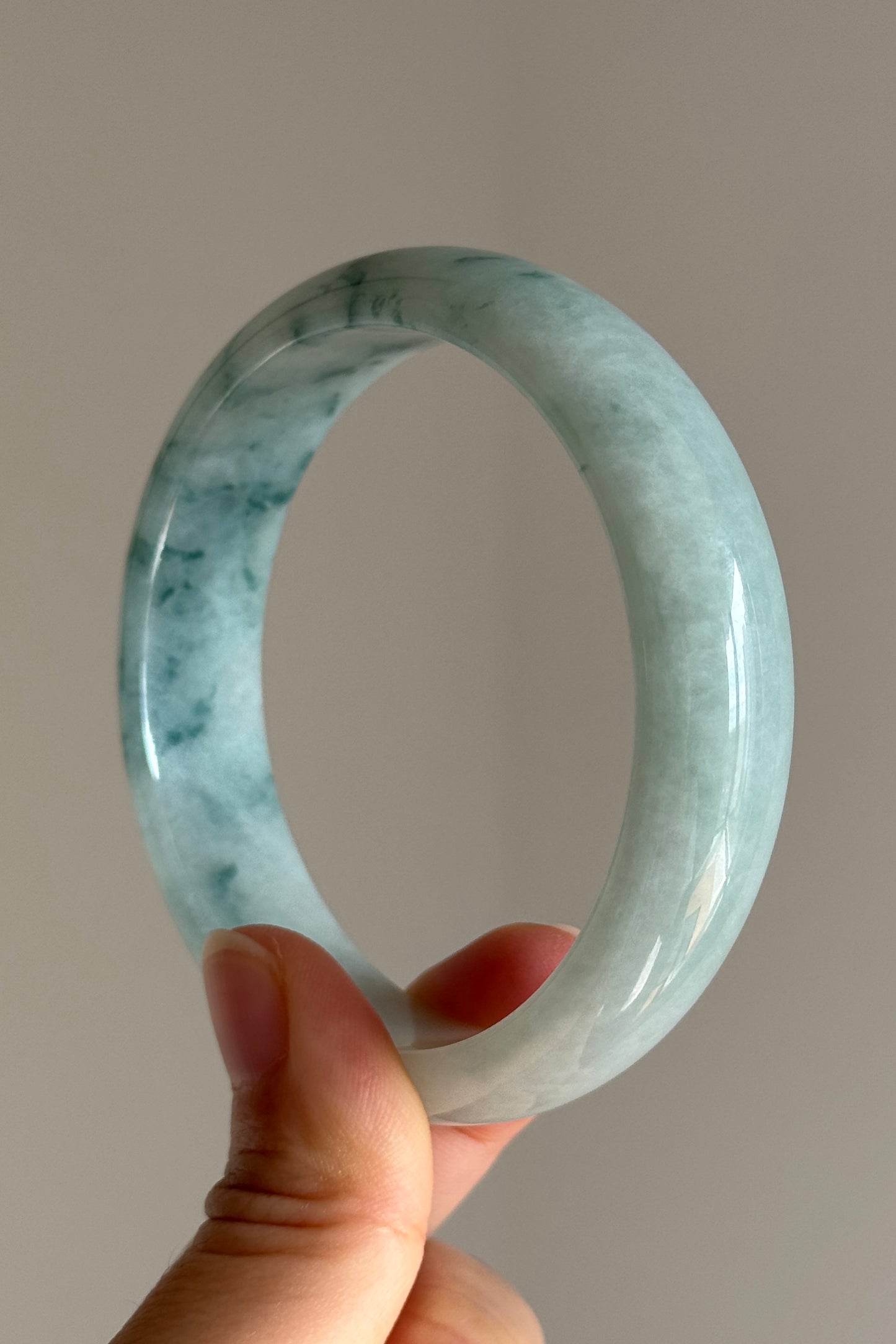#0399 Icy Bluish Green Flower Jade Bangle Size 60.6