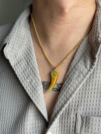 #P0560 "Dragon's Fang" Golden Yellow Green Jadeite Jade 18K Yellow Gold Pendant