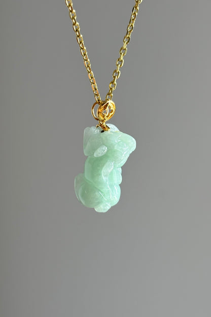 #P0499 "Pixiu" Light Apple Green Jadeite Jade 18K Yellow Gold Pendant