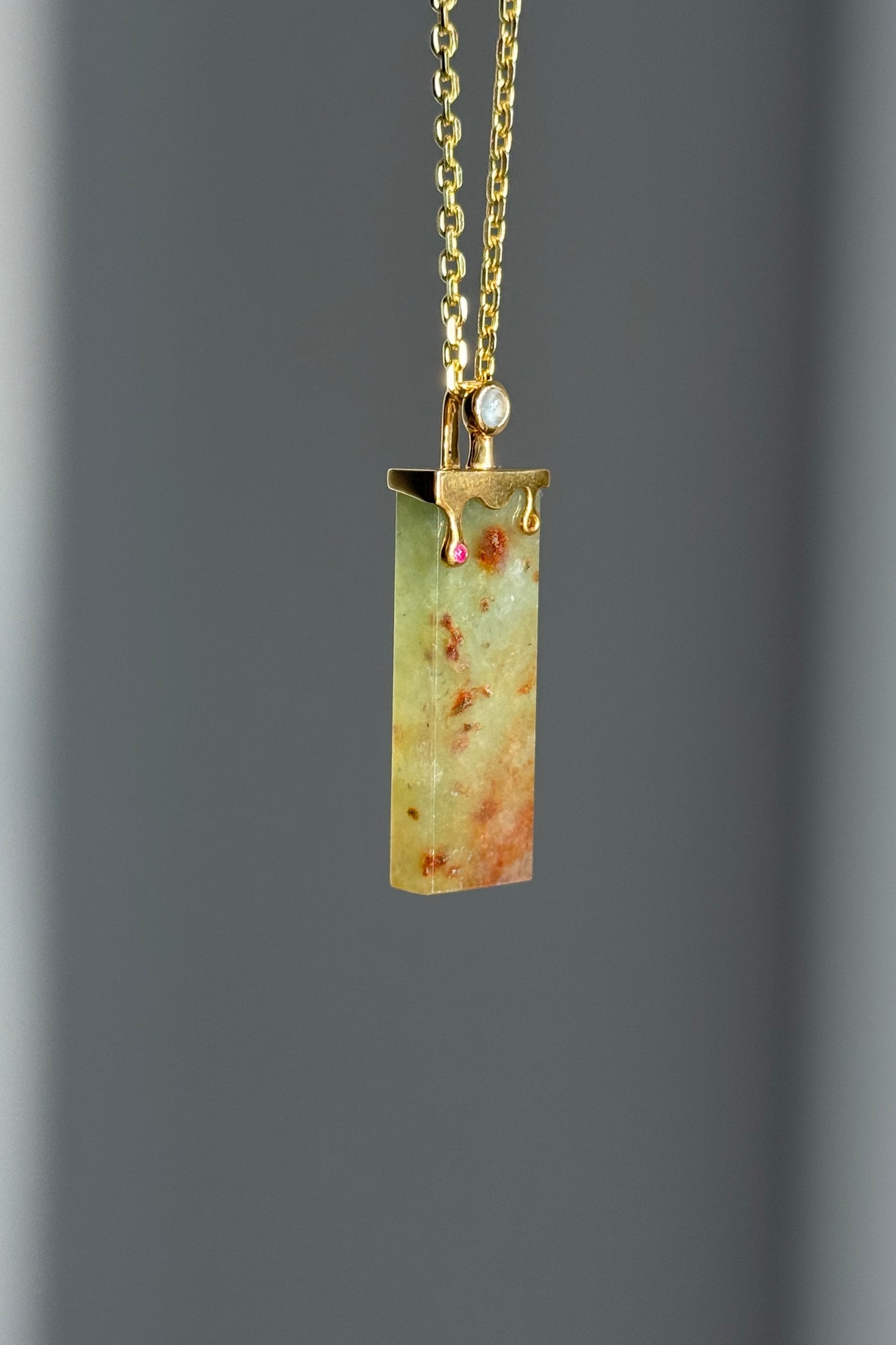 #P0559 "Wushi/Peace" Icy Red Yellow Green Jadeite Jade Peace 18K Yellow Gold Pendant