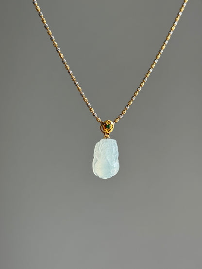 #P0549 "Pixiu" Highly Icy White Jadeite Jade 18K Yellow Gold Pendant