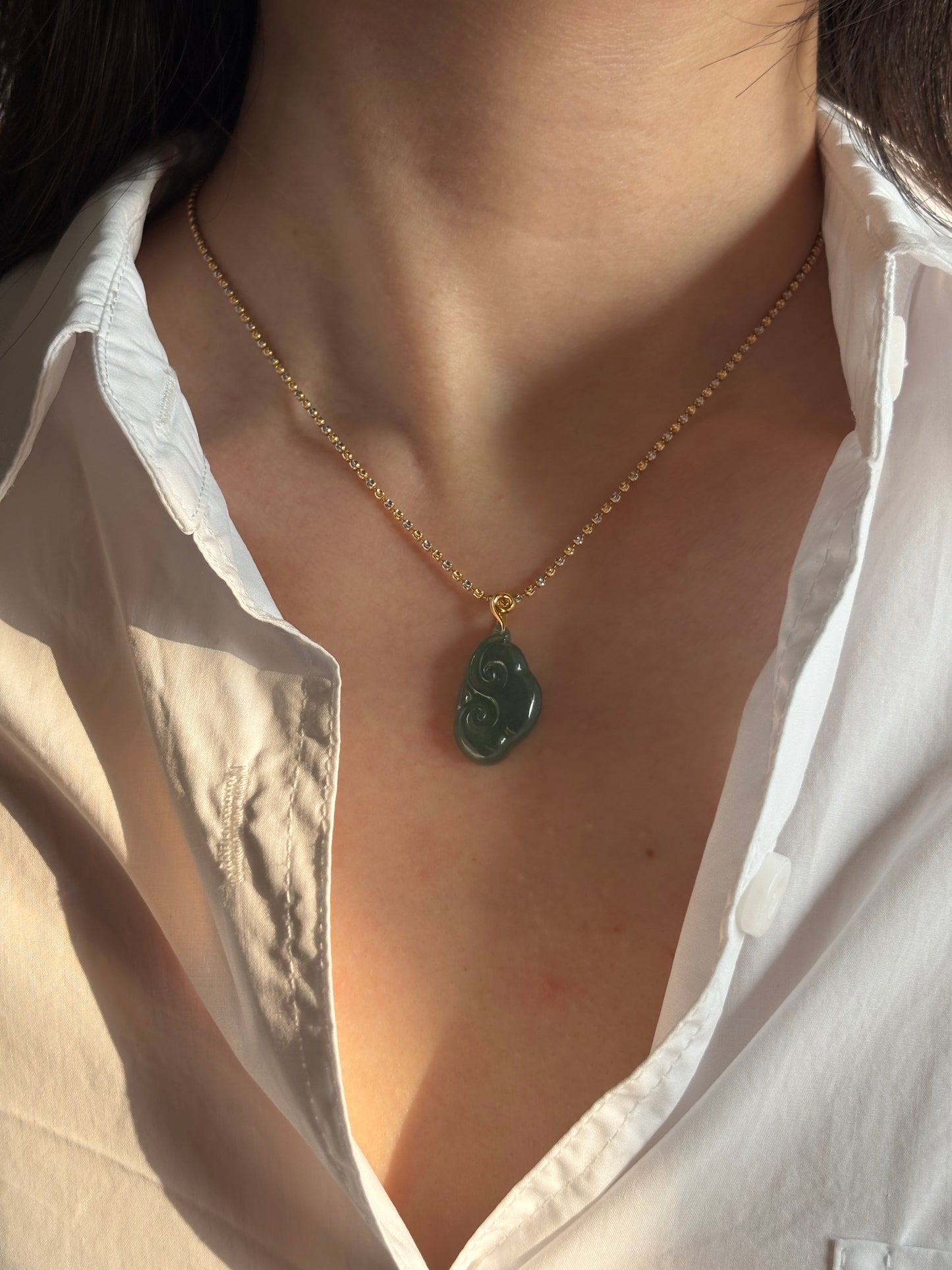 #P0527 "Ruyi / As Your Wish" Highly Icy Blue Water Rich Lake Green Jadeite Jade 18K Yellow Gold Pendant