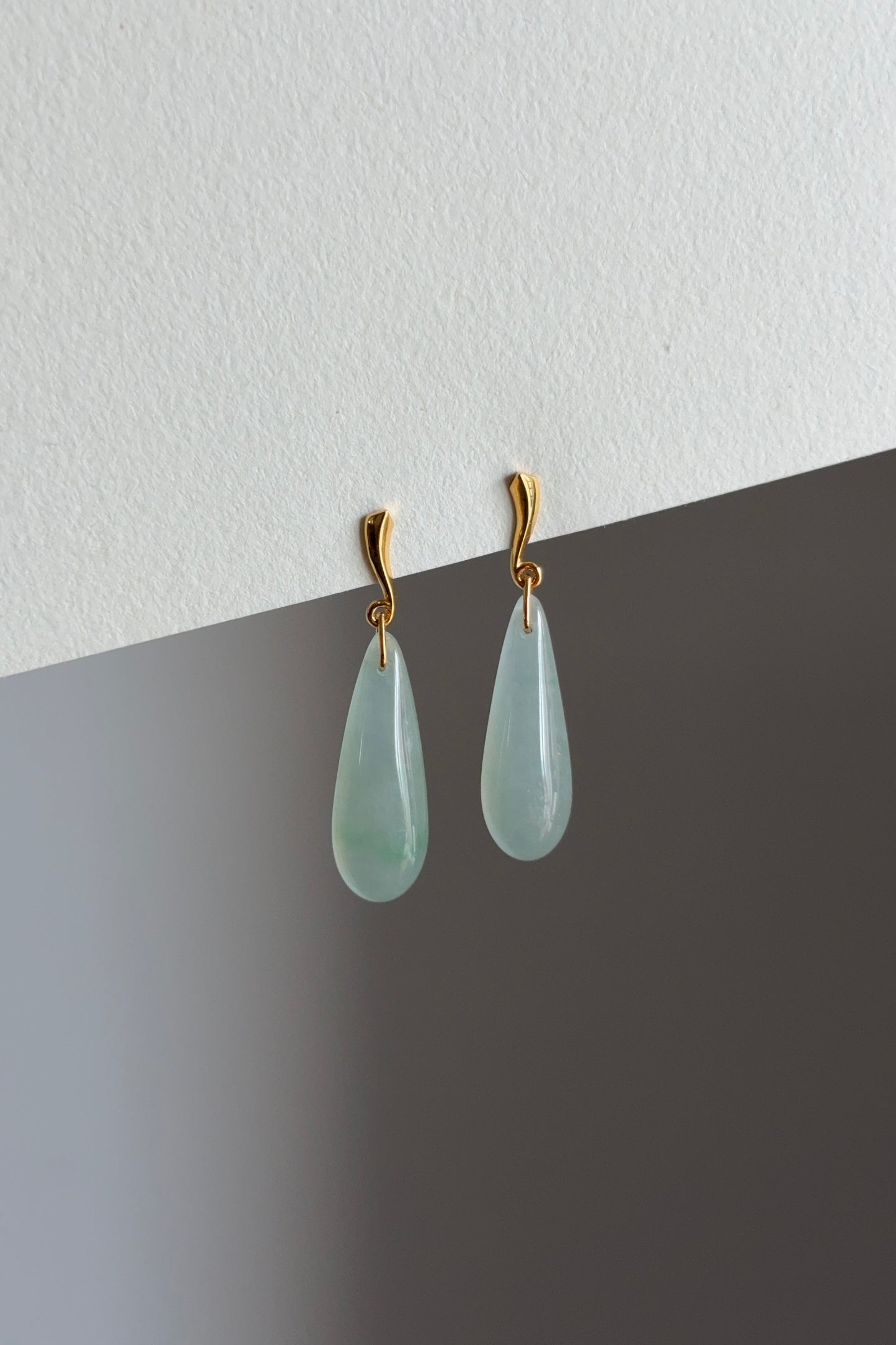 #E0304 "Water Drop" Icy Blue Green Jadeite Jade 18K Yellow Gold Earrings
