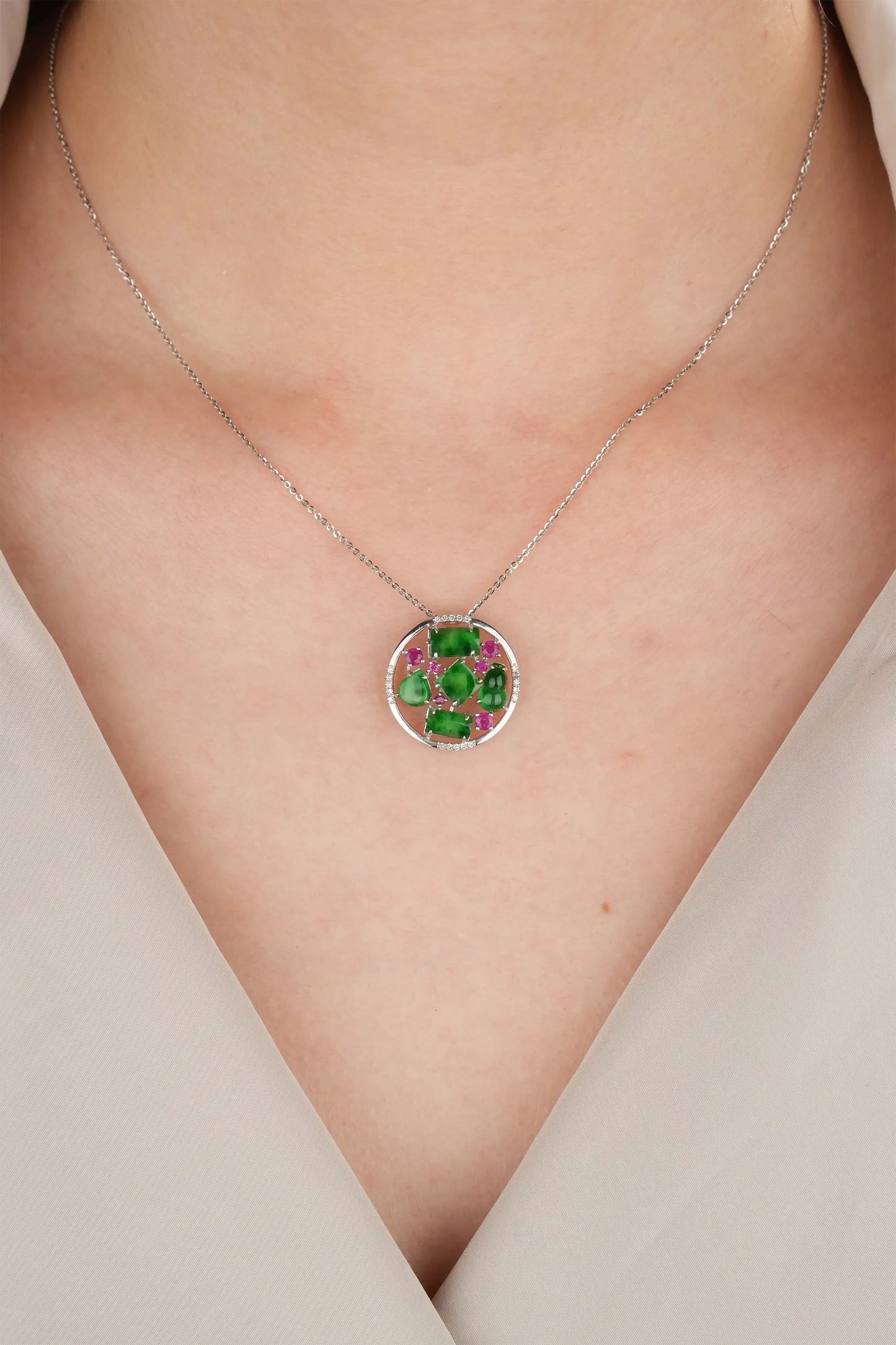 "HUA's Design" Icy Sun Green Jadeite Jade 18K White Gold VS Diamonds Ruby Pendant
