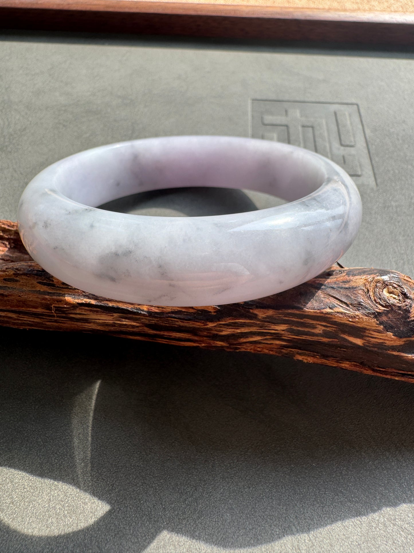 #0398 Icy Lavender Ink Flower Jade Bangle Size 57.2
