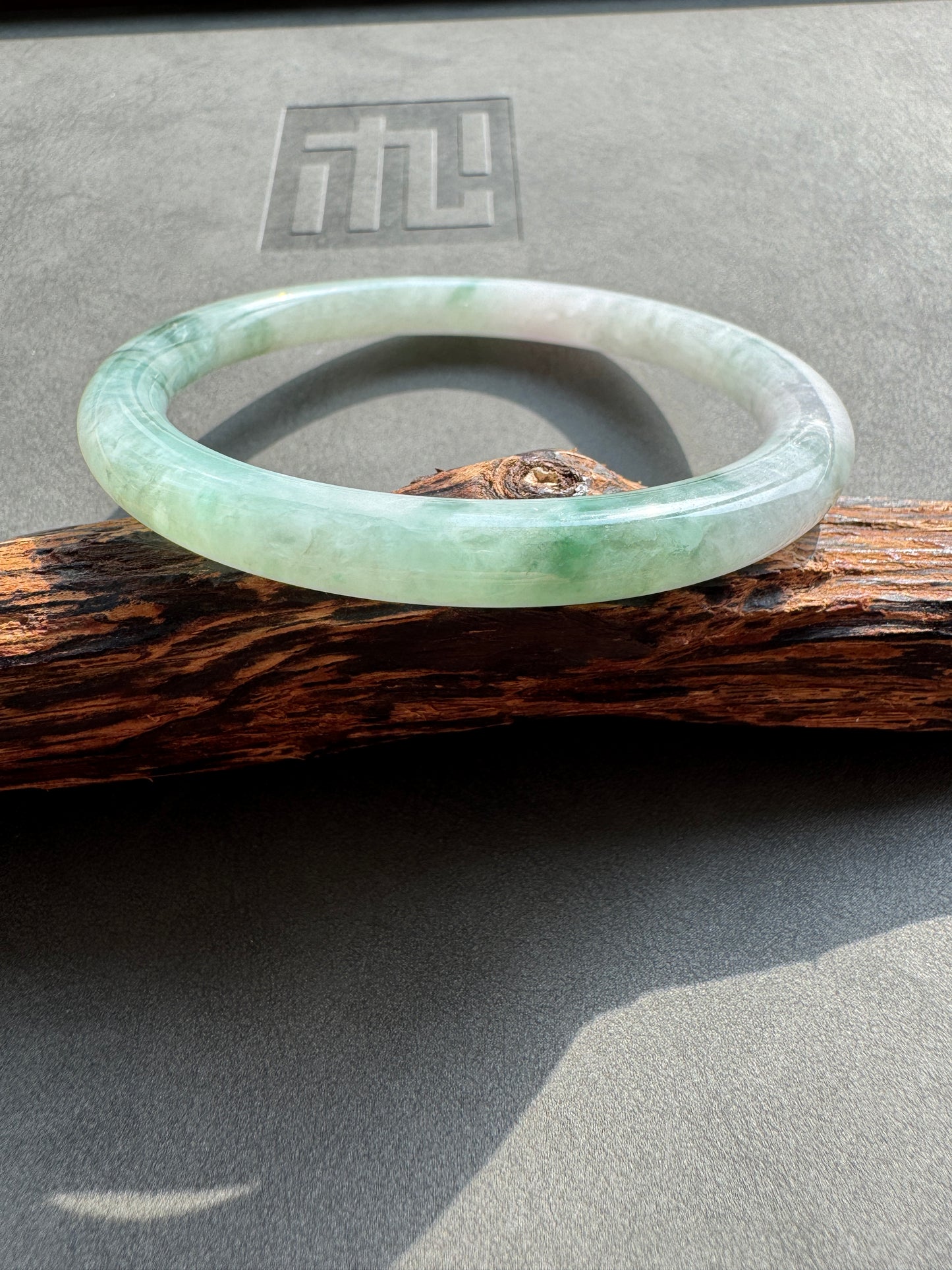 #0376 Icy Green Flower White Slim Jade Bangle Size 59.5 (fits up to 61.5)