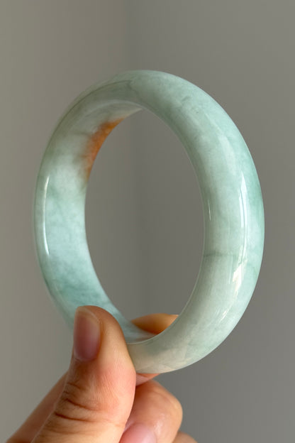 #0382 Icy Lotus Green Orange Yellow Wide Jade Bangle Size 57.8