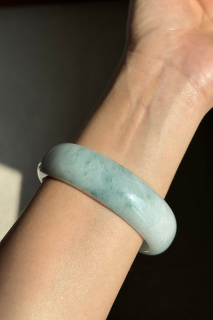 #0384 Icy Bluish Green Flower Wide Jade Bangle Size 61.7