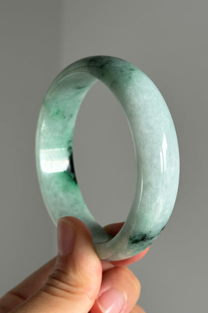 #0377 Sun Green Ink Flower Wide Jade Bangle Size 59.4