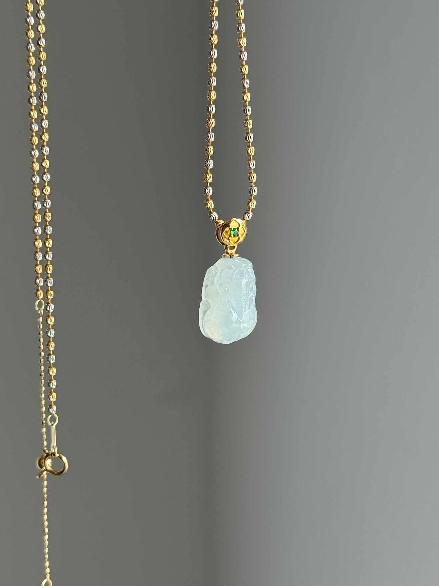 #P0549 "Pixiu" Highly Icy White Jadeite Jade 18K Yellow Gold Pendant