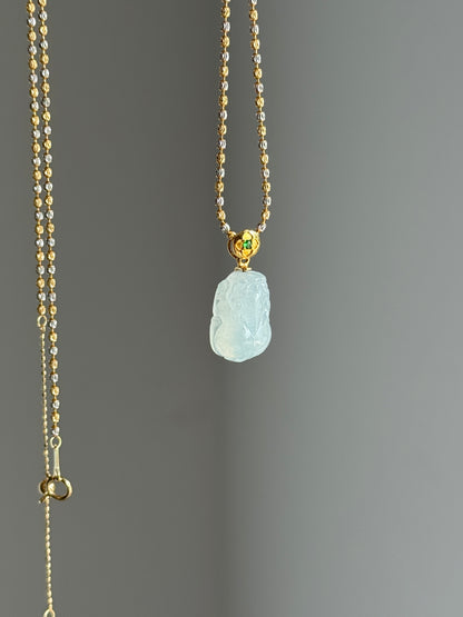 #P0549 "Pixiu" Highly Icy White Jadeite Jade 18K Yellow Gold Pendant
