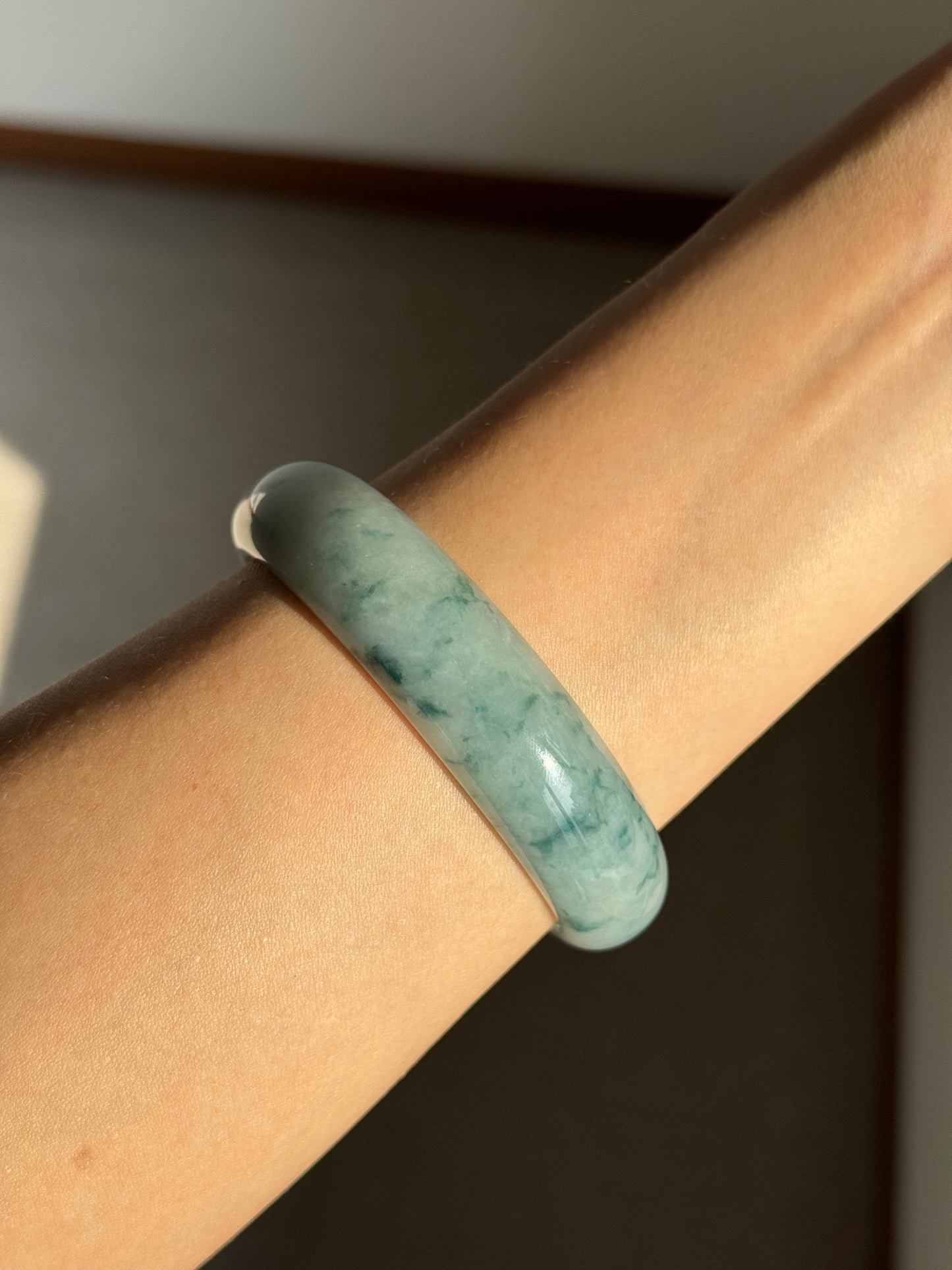 #0399 Icy Bluish Green Flower Jade Bangle Size 60.6
