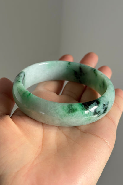 #0377 Sun Green Ink Flower Wide Jade Bangle Size 59.4