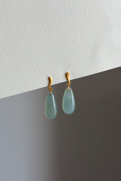 #E0305 "Water Drop" Icy Blue Green Jadeite Jade 18K Yellow Gold Earrings
